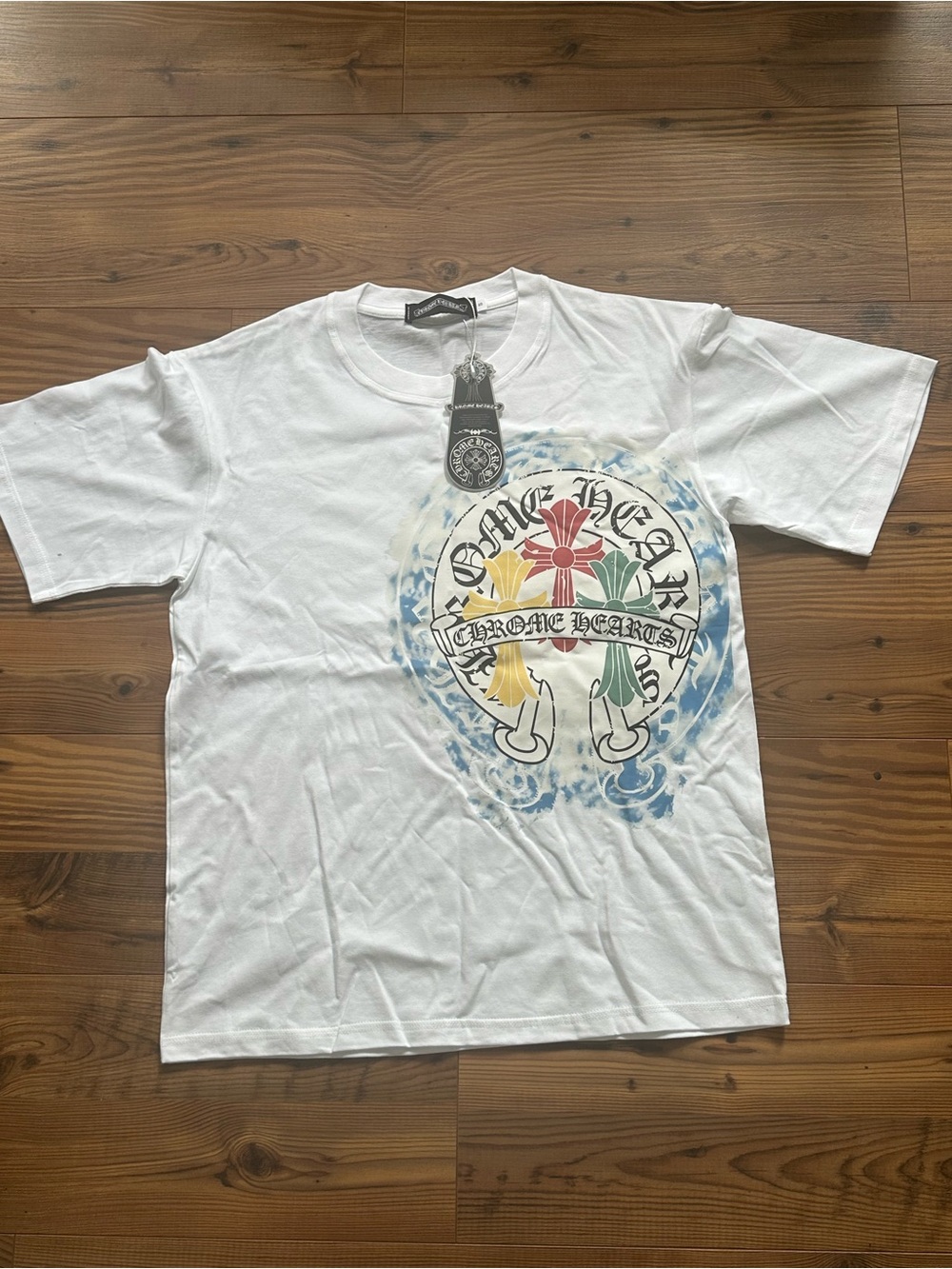 Chrome Hearts White Short-Sleeve Tee with Multicolor Cross Graphic